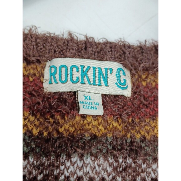 Vtg Rockin'C Southwestern Fuzzy Funky Geometric Brown Sweater Brown Fringed XL - Picture 5 of 8